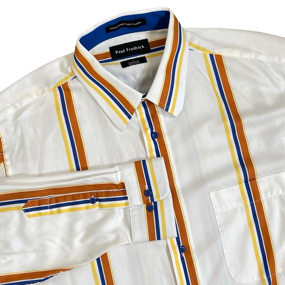 Paul Fredrick Striped‎ Button Down Shirt Mens L White Orange Blue Classic Fit